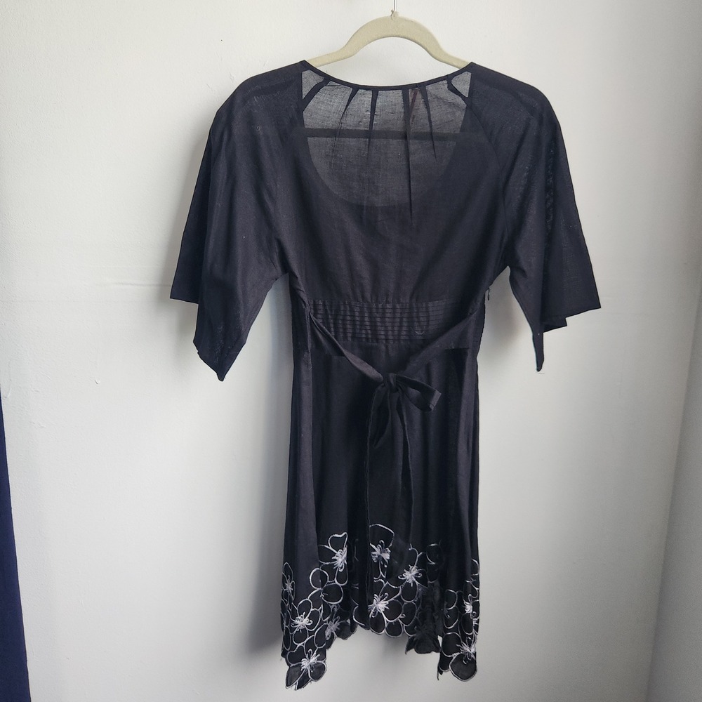 Prada Black Sheer Cotton Embroidered Floral Tie Back Dress Made Italy Small - Picture 2 of 11